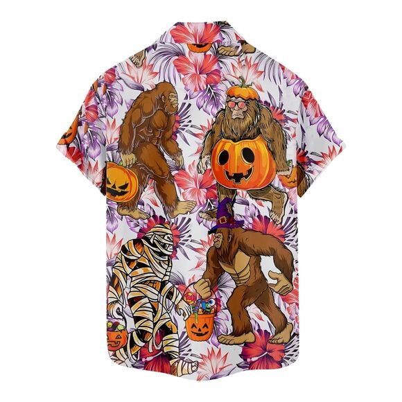 Sasquatch Big Foot Hawaiian Halloween Fall Button Down Casual Men's Shirt XXL #L - Picture 2 of 5
